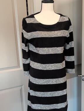 J. Crew Black and Silver Striped Long Sleeve Dress